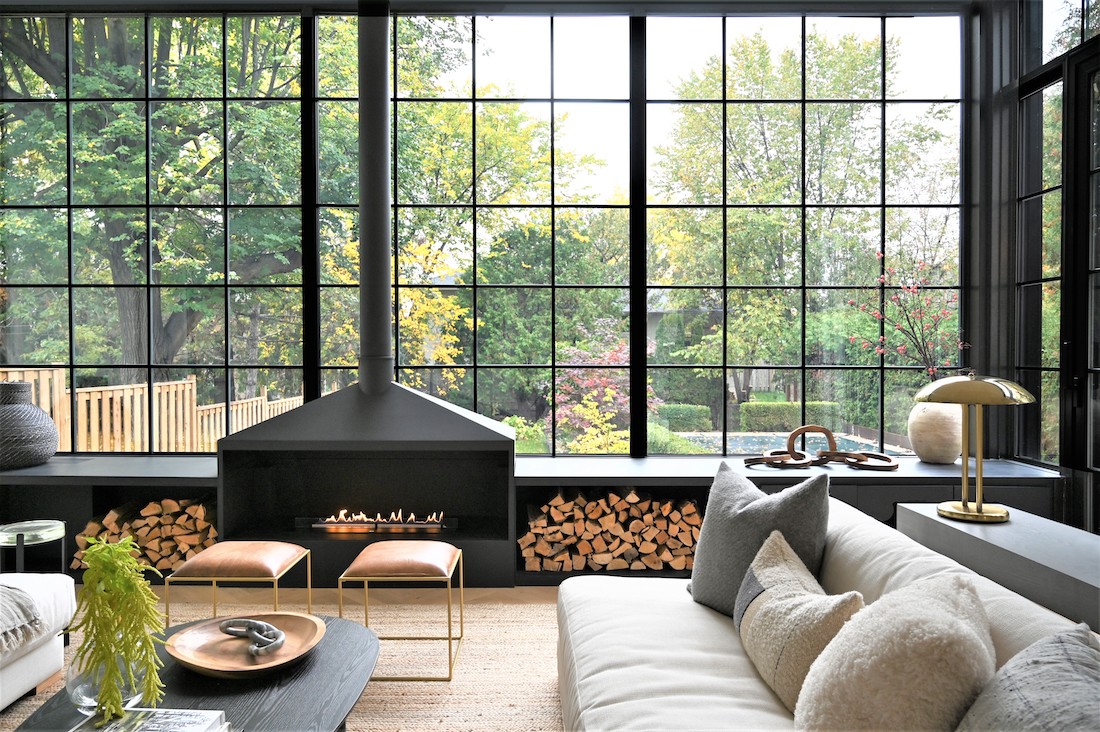 Floor to ceiling windows with floating fire