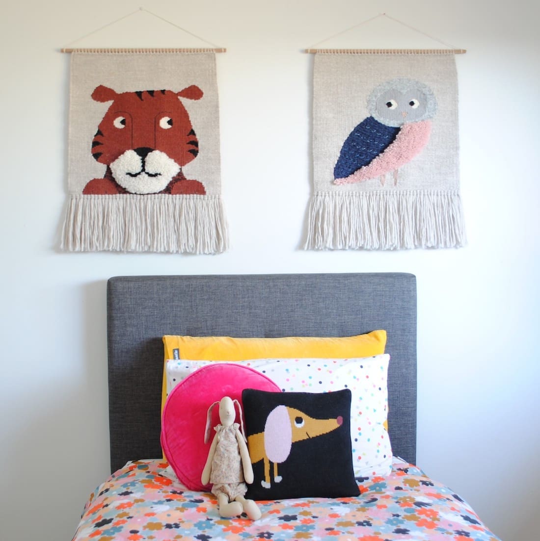 Olive and the Boy_animal tapestries_graphic handwoven tapestries