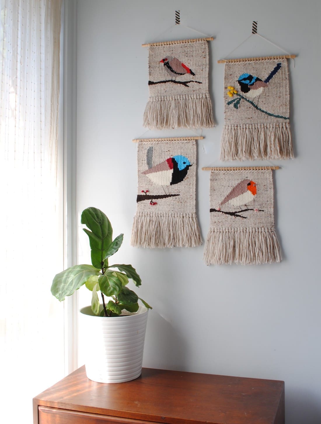 Olive and the Boy_bird tapestries_graphic handwoven tapestries