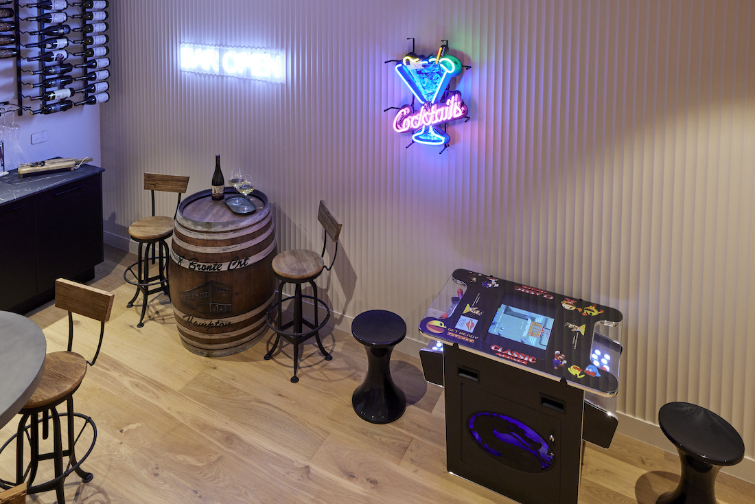 Basement bar with neon signs