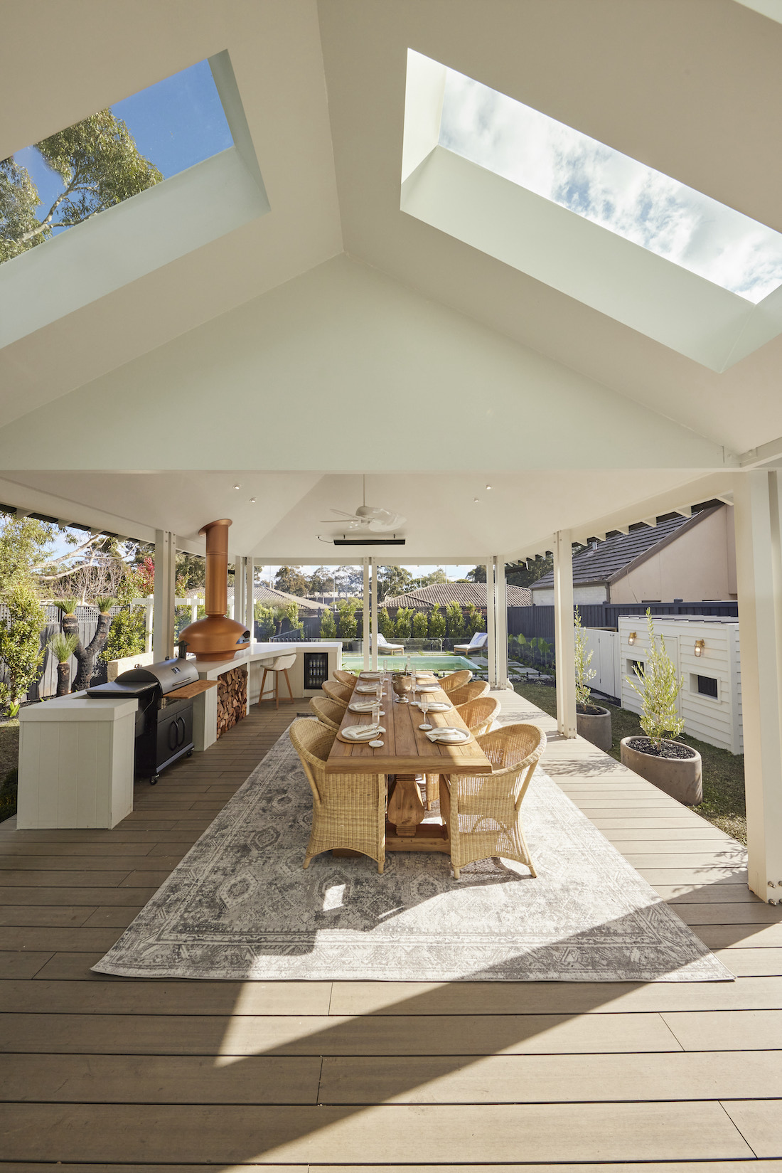 Covered outdoor space with skylights