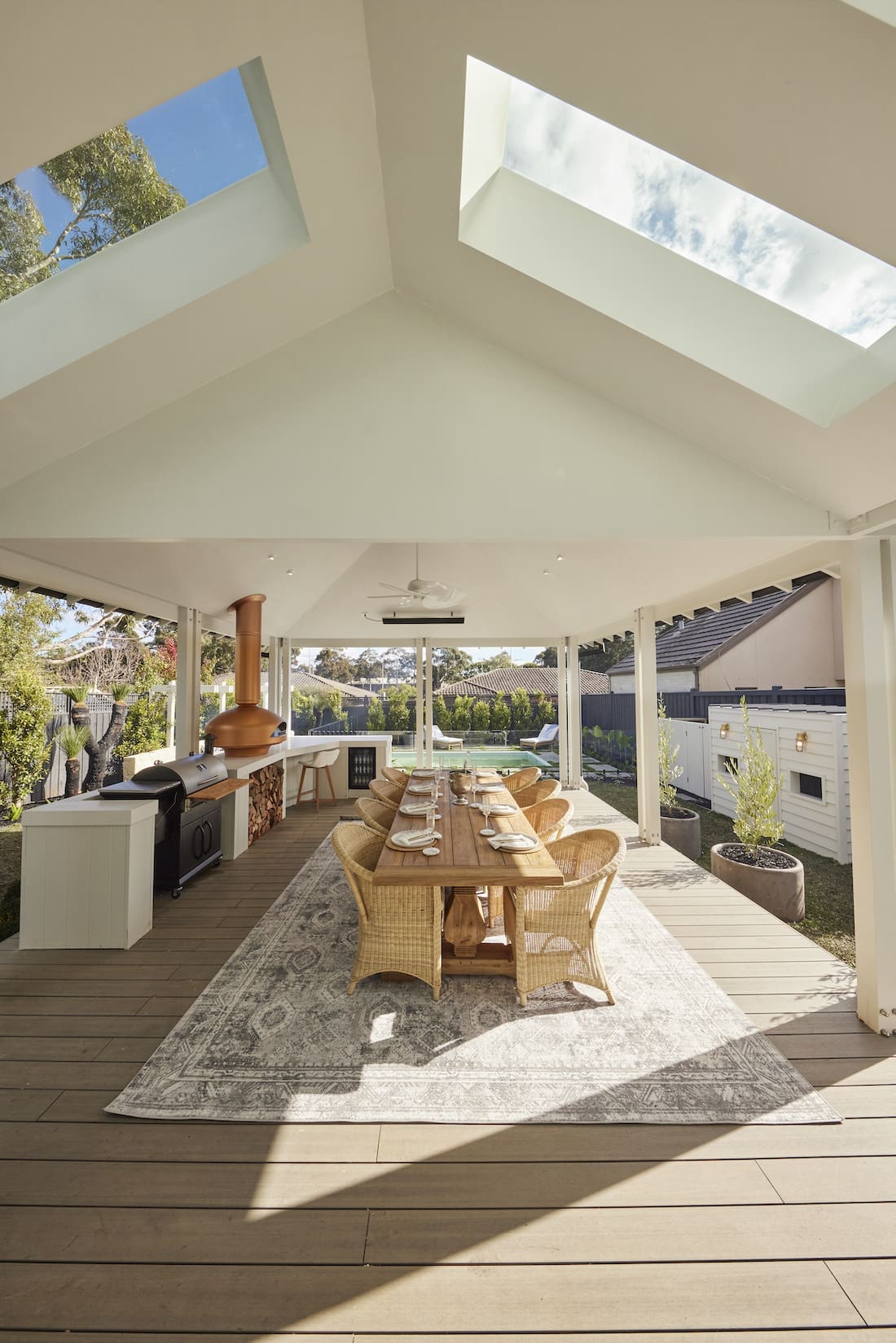 Covered outdoor space with skylights