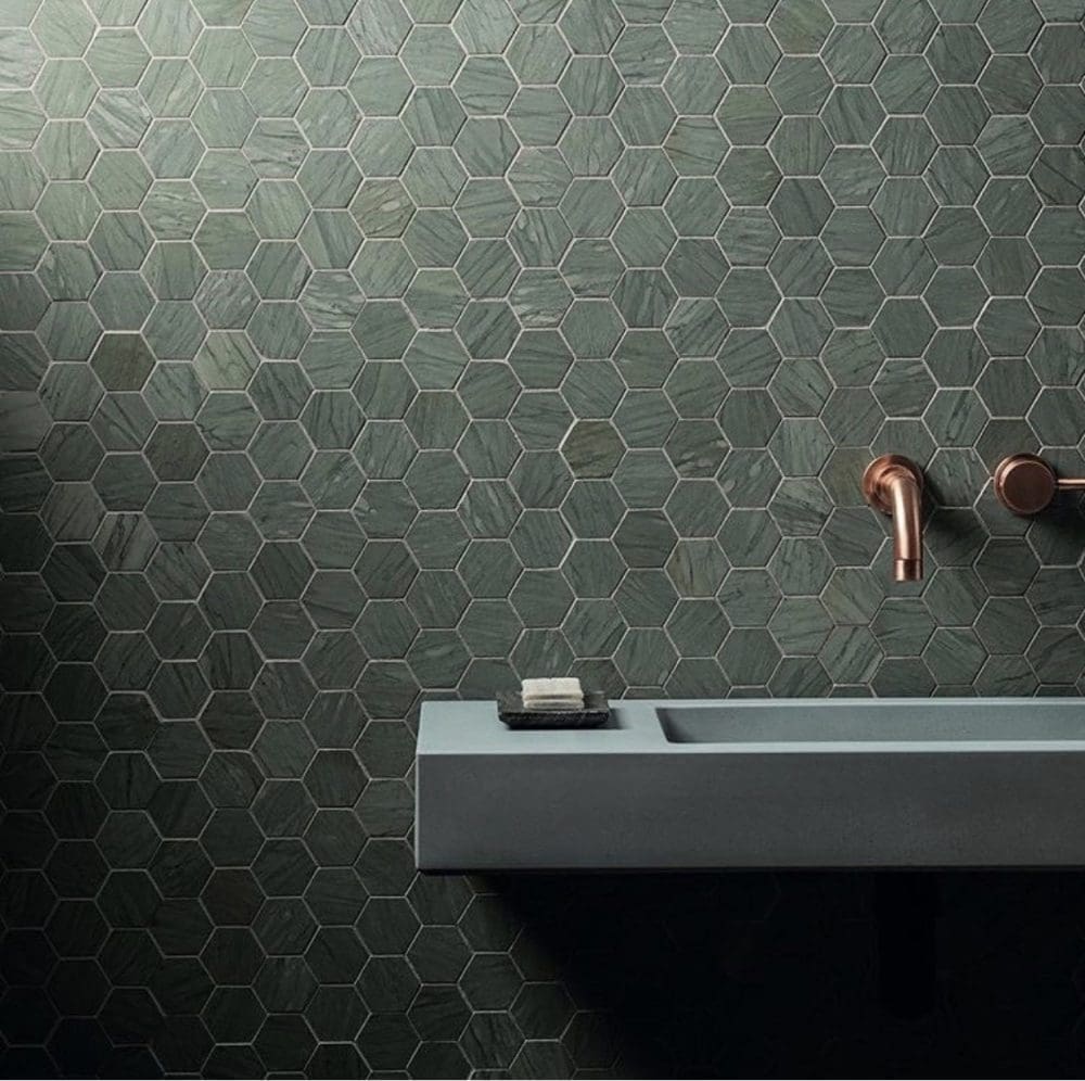 Dark green hexagon mosaic tiles