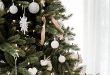 Stamped gift wrap presents under tree