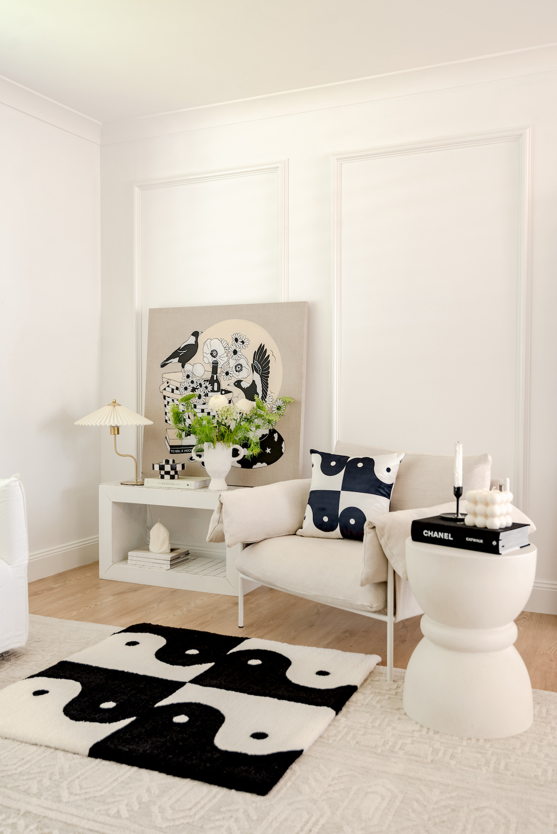 Black and white painting, rug and cushion by The Tartan Space