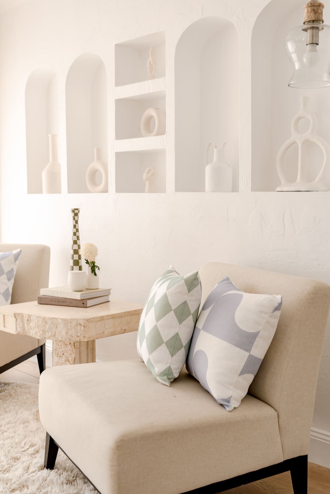 Living room with wall niches and The Tartan Space cushions