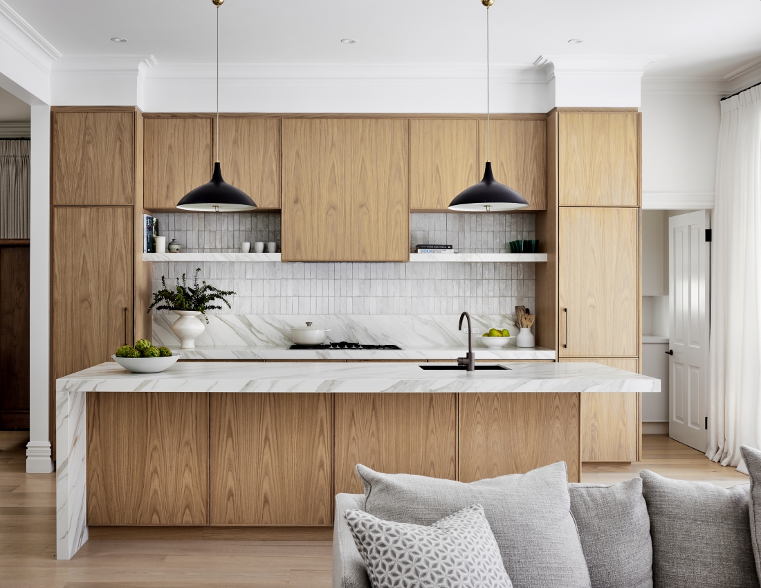 Timber kitchen with white tiles