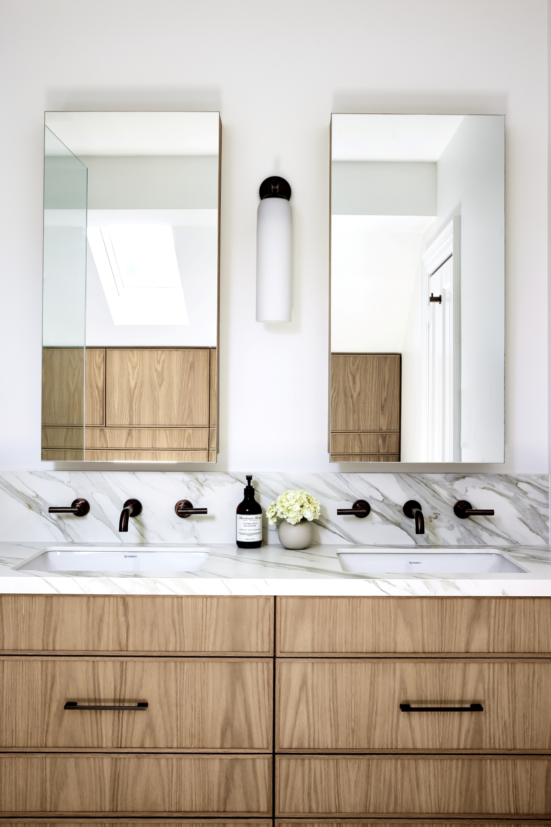 Timber vanity in neutral bathroom