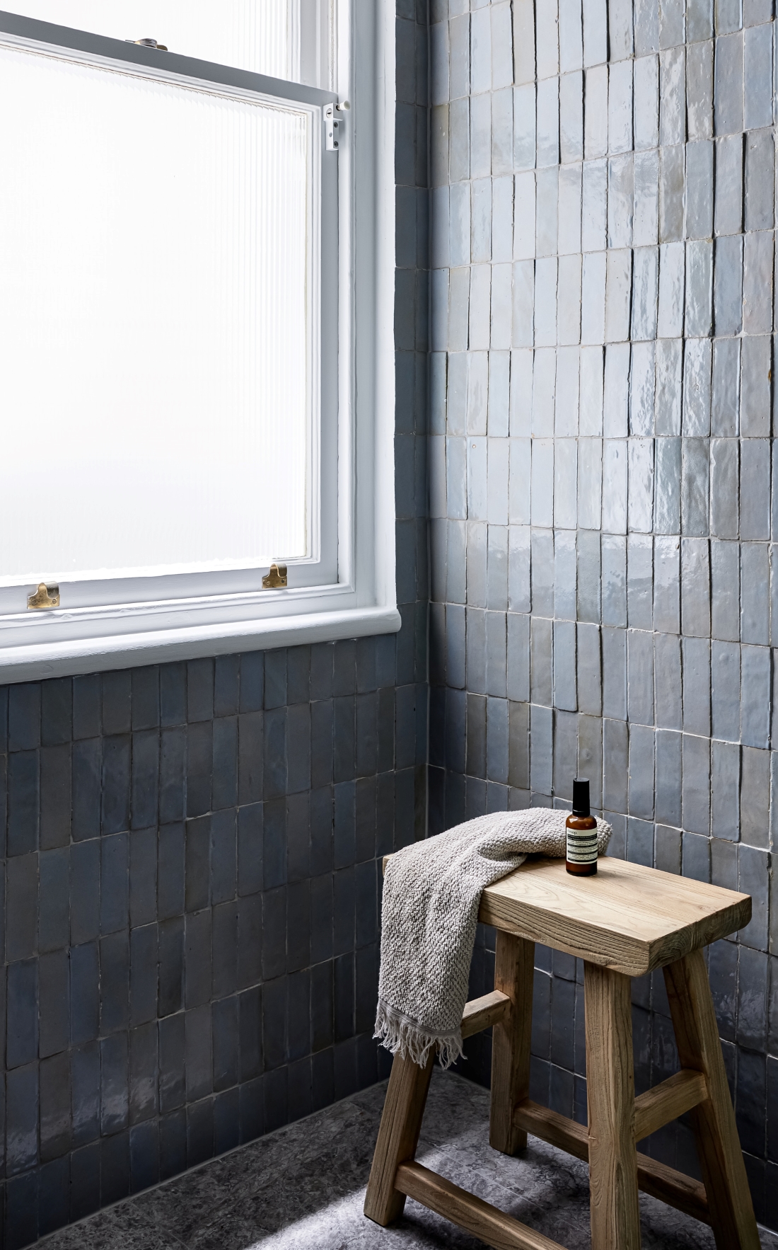 blue tiled shower wall _ Coastal federation home renovation