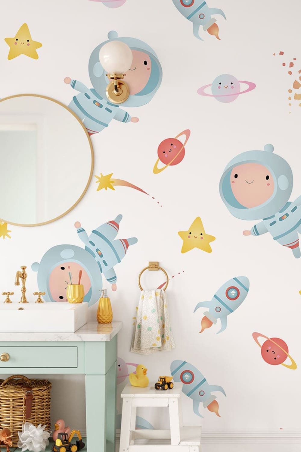 Cartoon astronaut galaxy wallpaper for a kids room