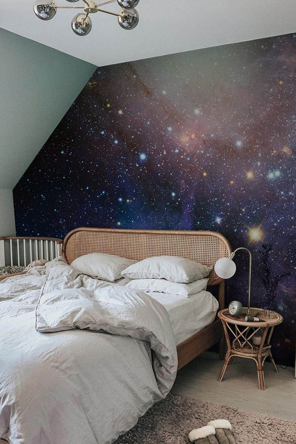 Purple galaxy wallpaper for a kids room