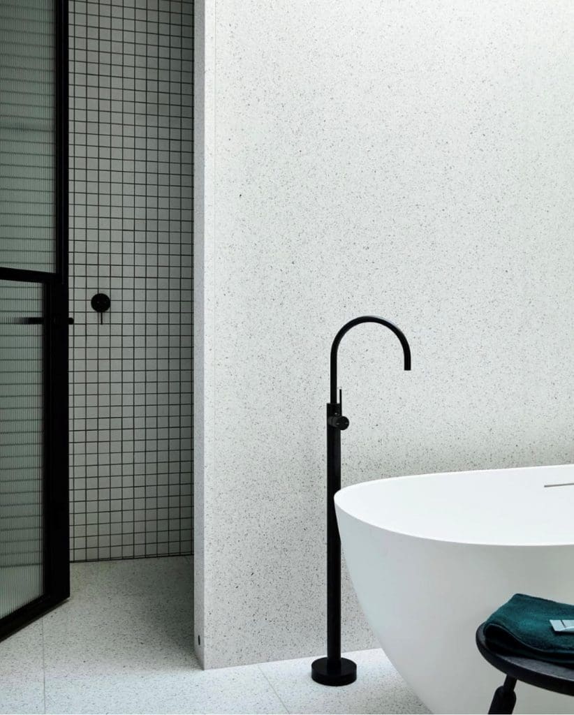 grey bathroom with black tap bathroom tapware trends