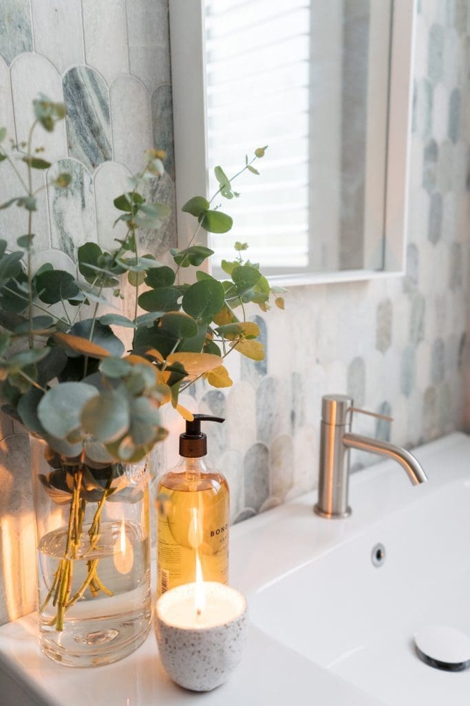 green long fishtail tile with brushed nickle mixer _ ming green marble bathroom
