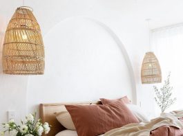 I love linen bedroom with rattan pendant lights