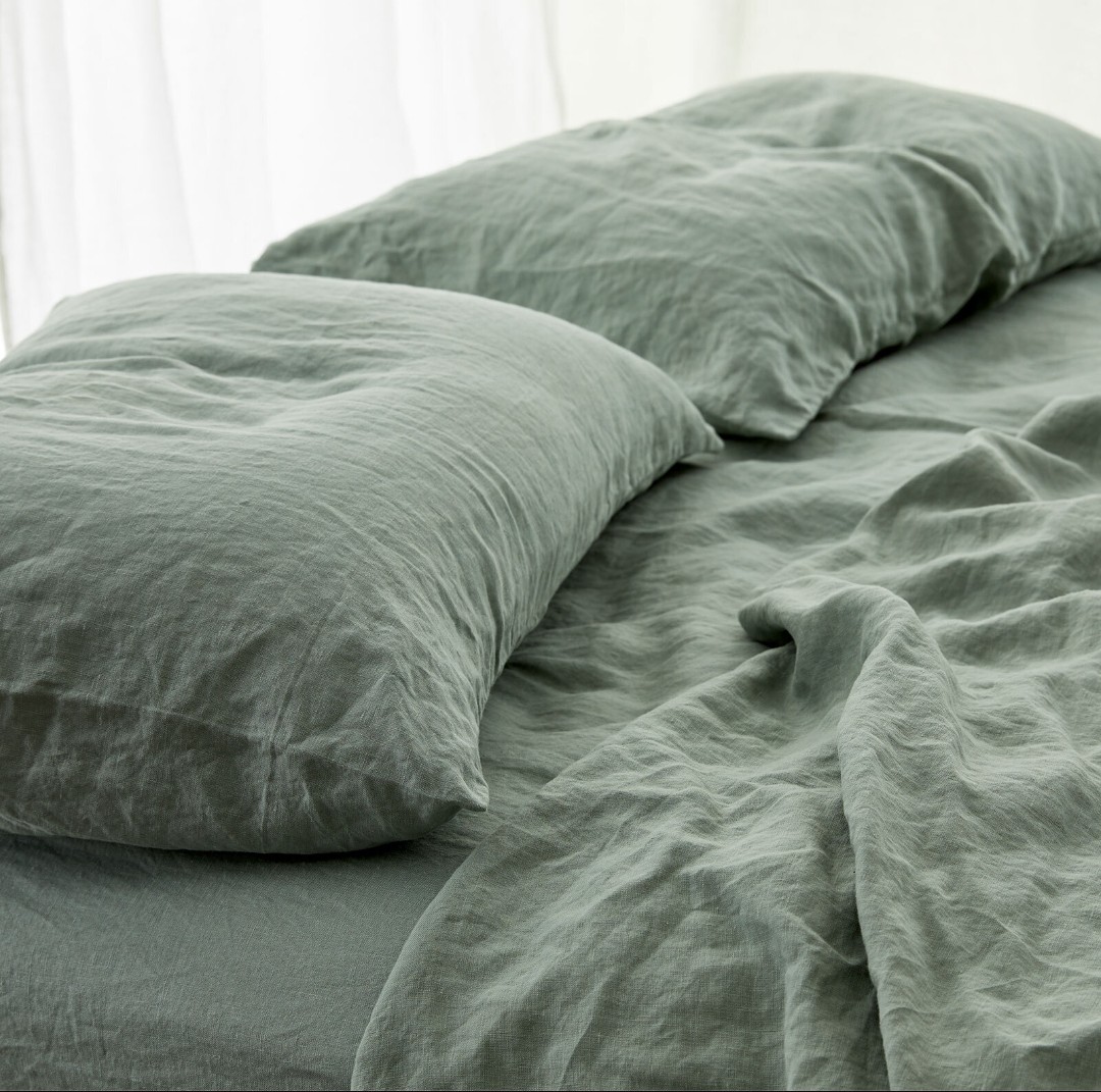Sage green linen bedding