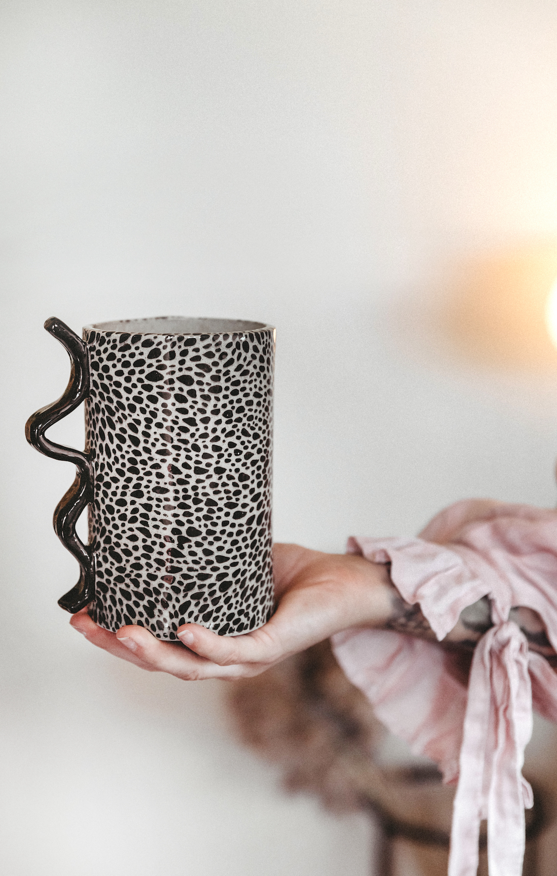 Dash pattern mug with squiggle handle by Paxxy and Flora