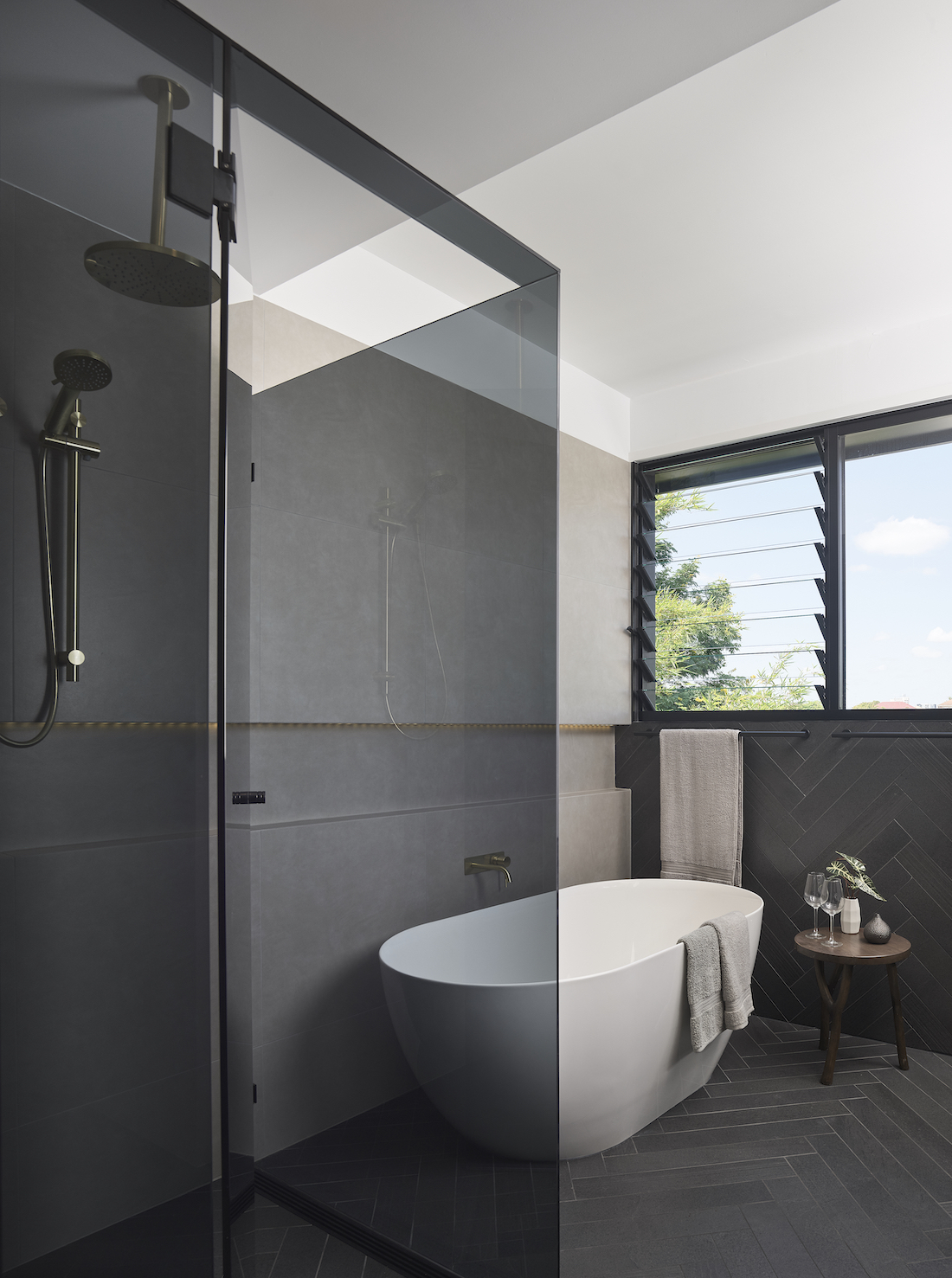 Grey bathroom with freestanding bath