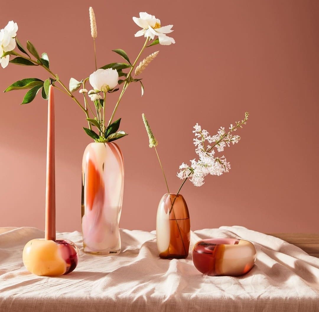 Candle holder and vases in handblown glass by Amanda Dziedzic