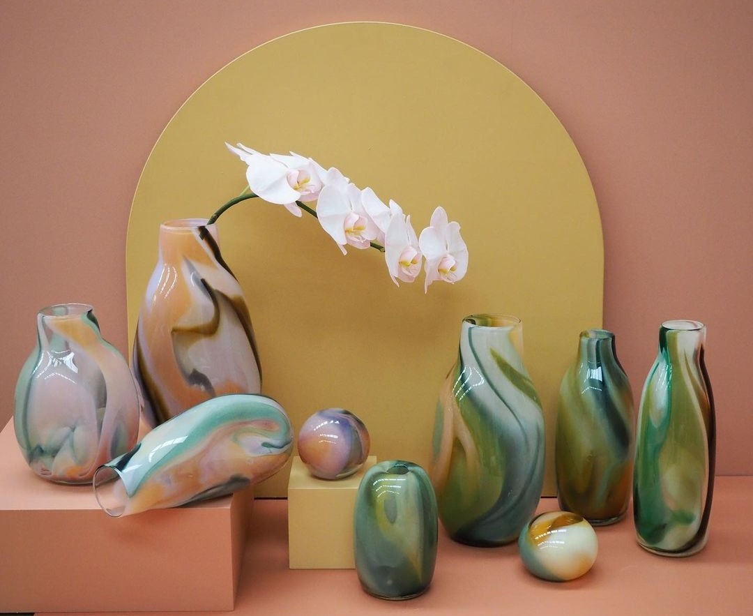 Swirled green glass vase collection by Amanda Dziedzic