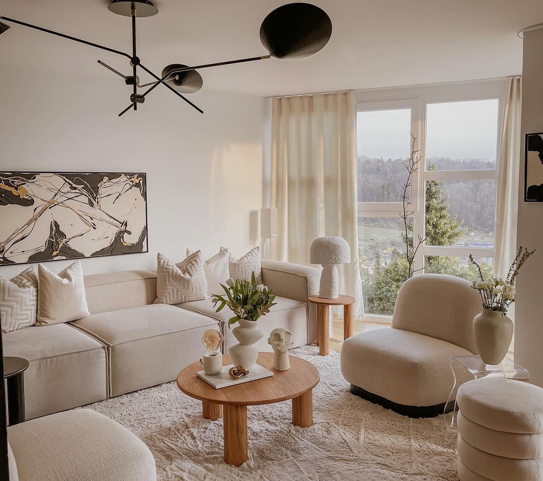 beige living room with textured rug