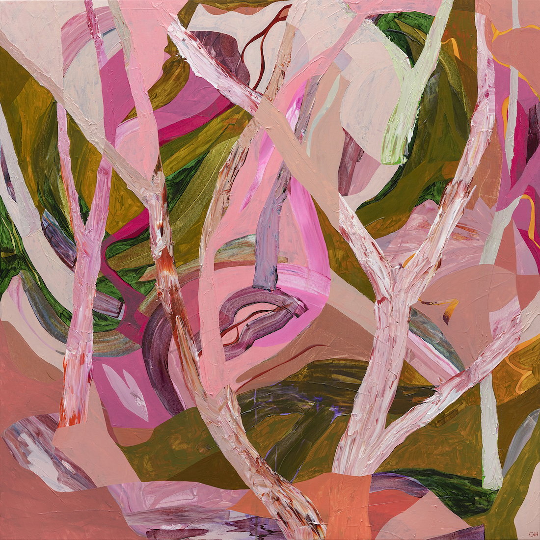 Abstract art in pink and olive green by Chris de Hoog