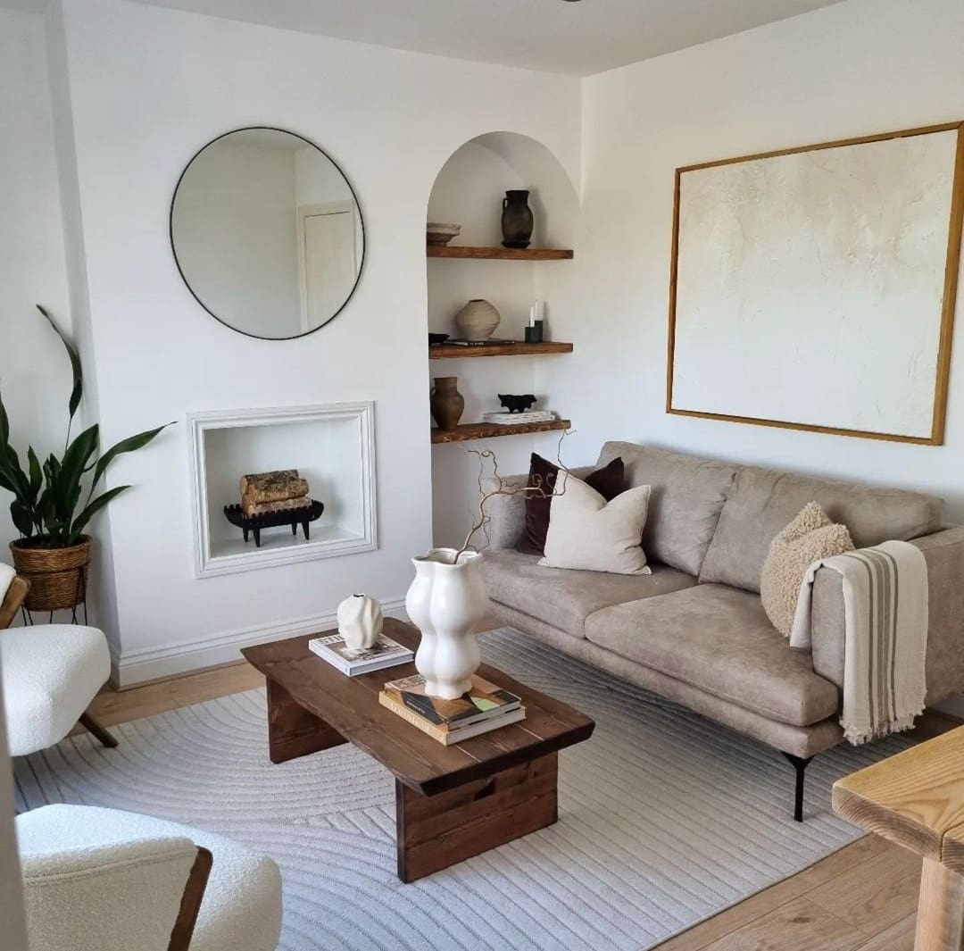 beige living room with fireplace