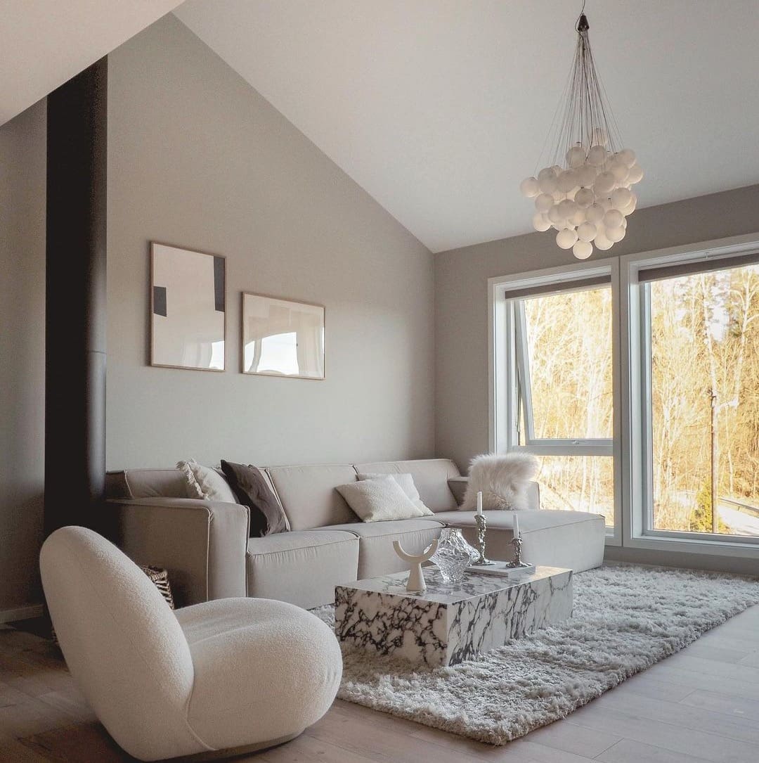 beige living room with marble table