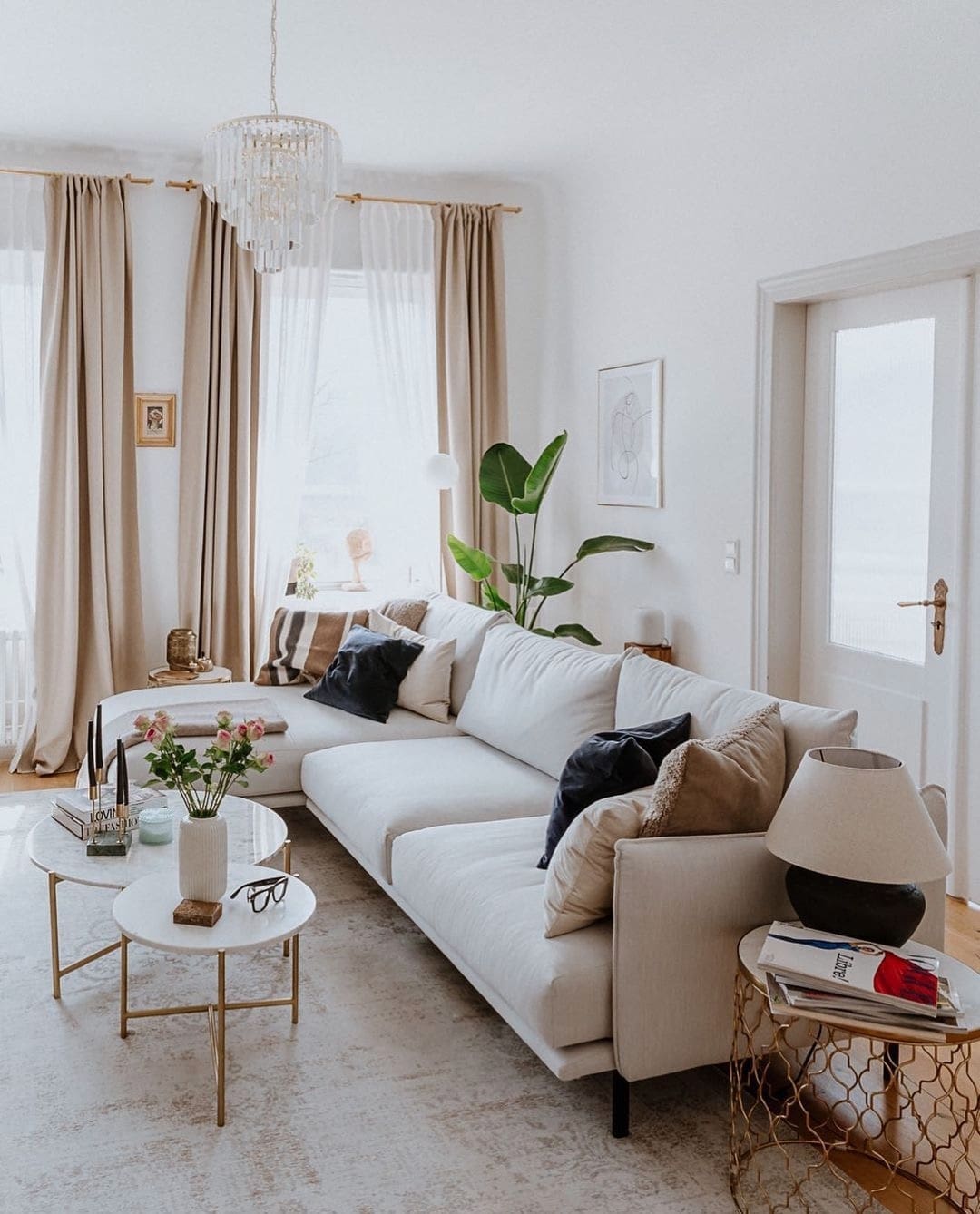 beige living room with metal accents