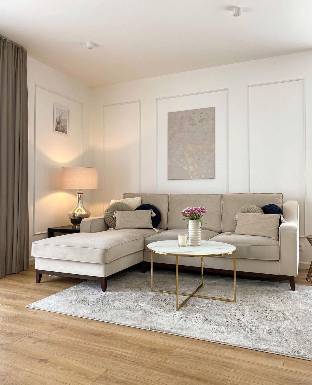 beige living room with wall panelling