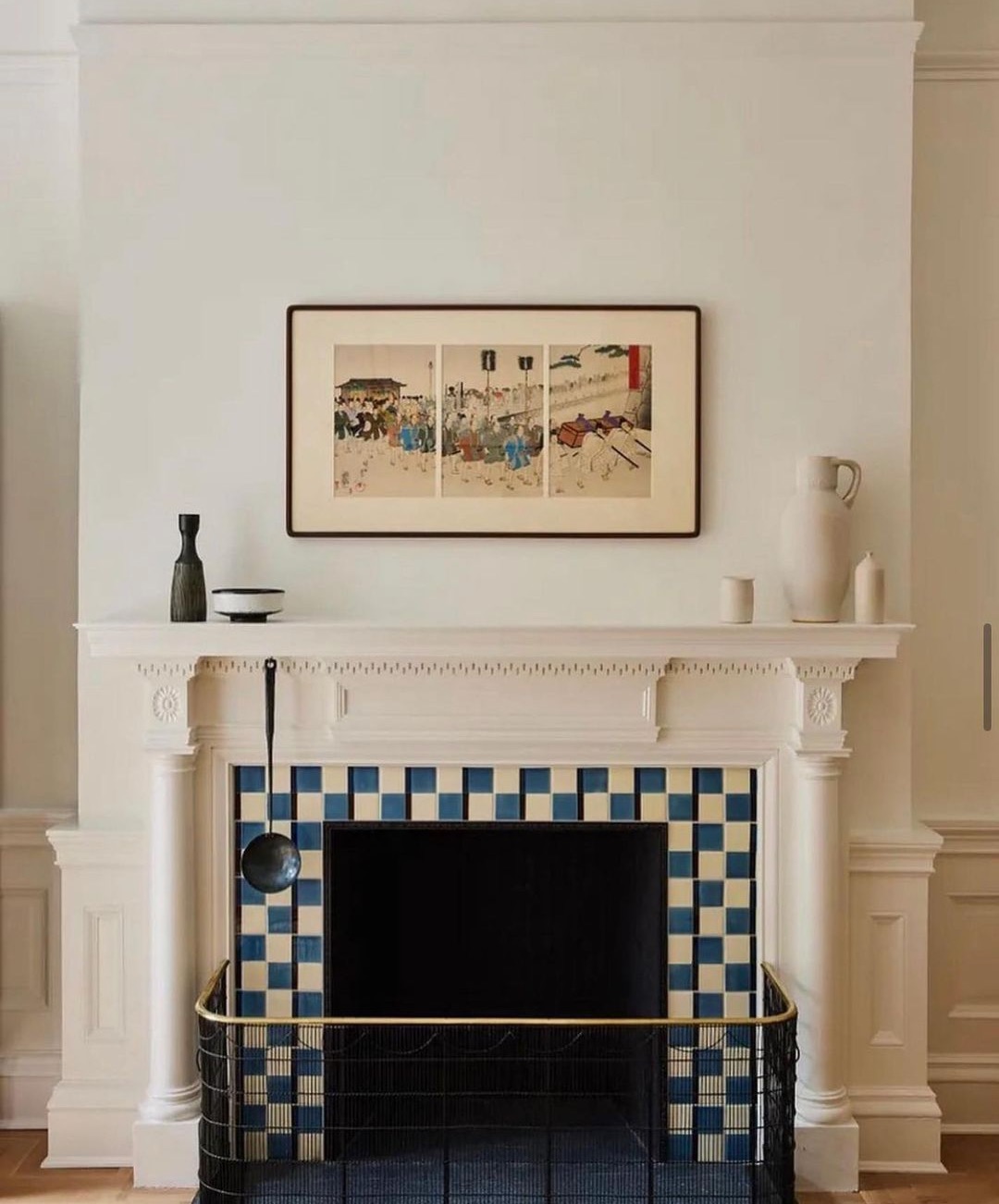 blue and white check tile fireplace