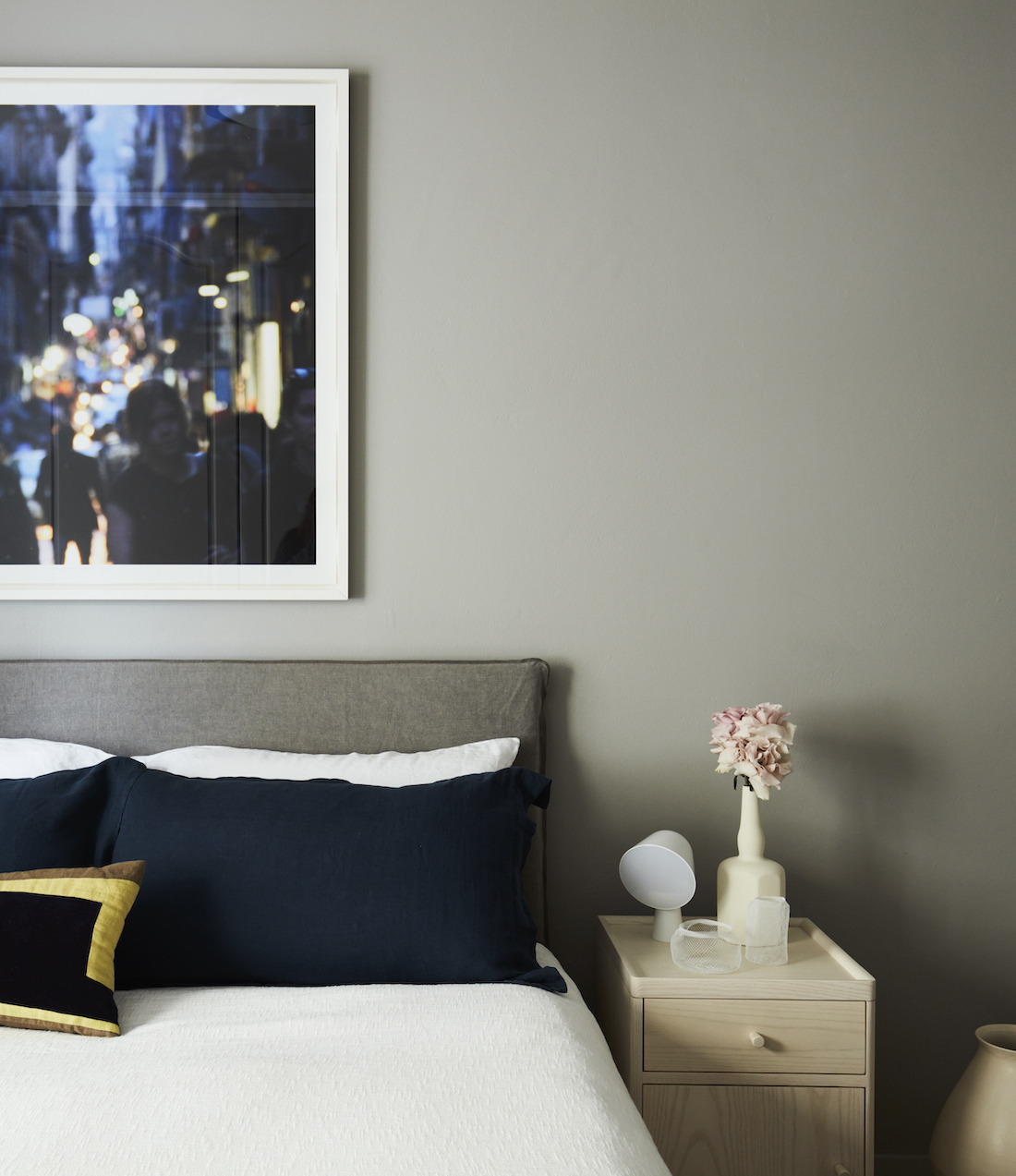 grey bedroom bedside _ Art Deco apartment renovation