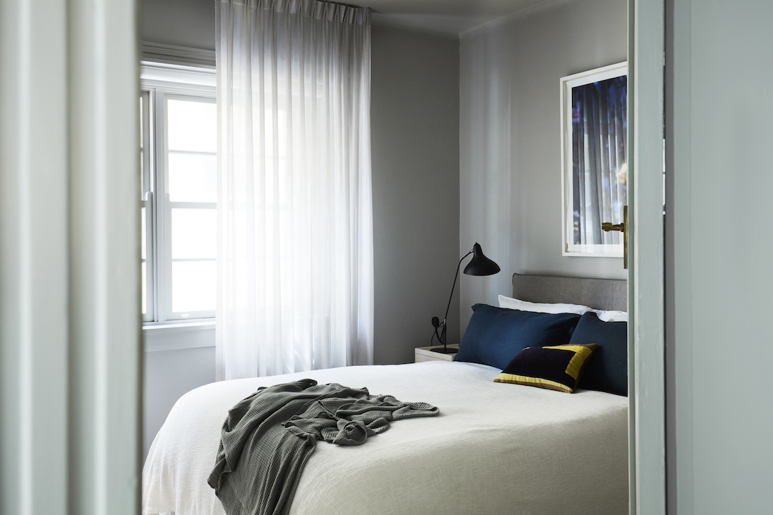 grey bedroom walls _ Art Deco apartment renovation