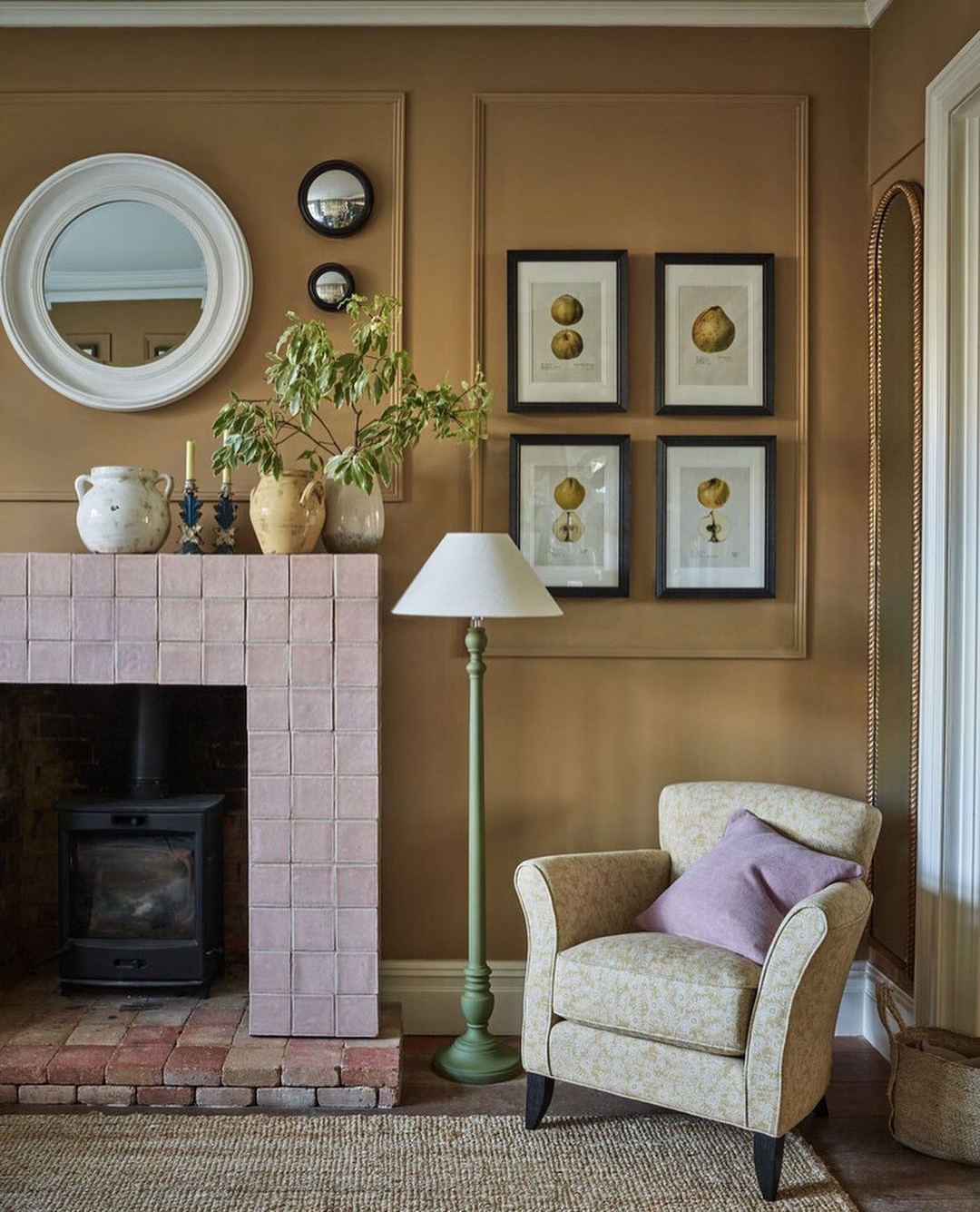pink square tile fireplace