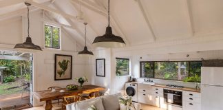 Living, dining and kitchen at Fig Tree Villa Byron Bay