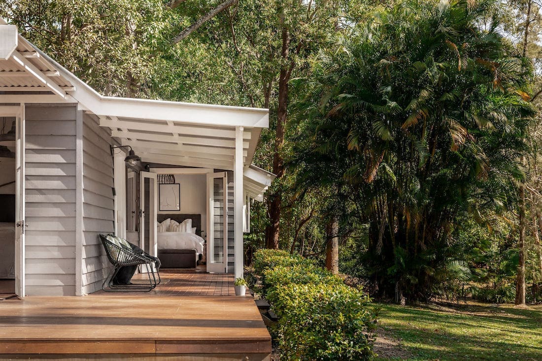 Verandah with view to bedroom at Fig Tree Villa Byron Bay