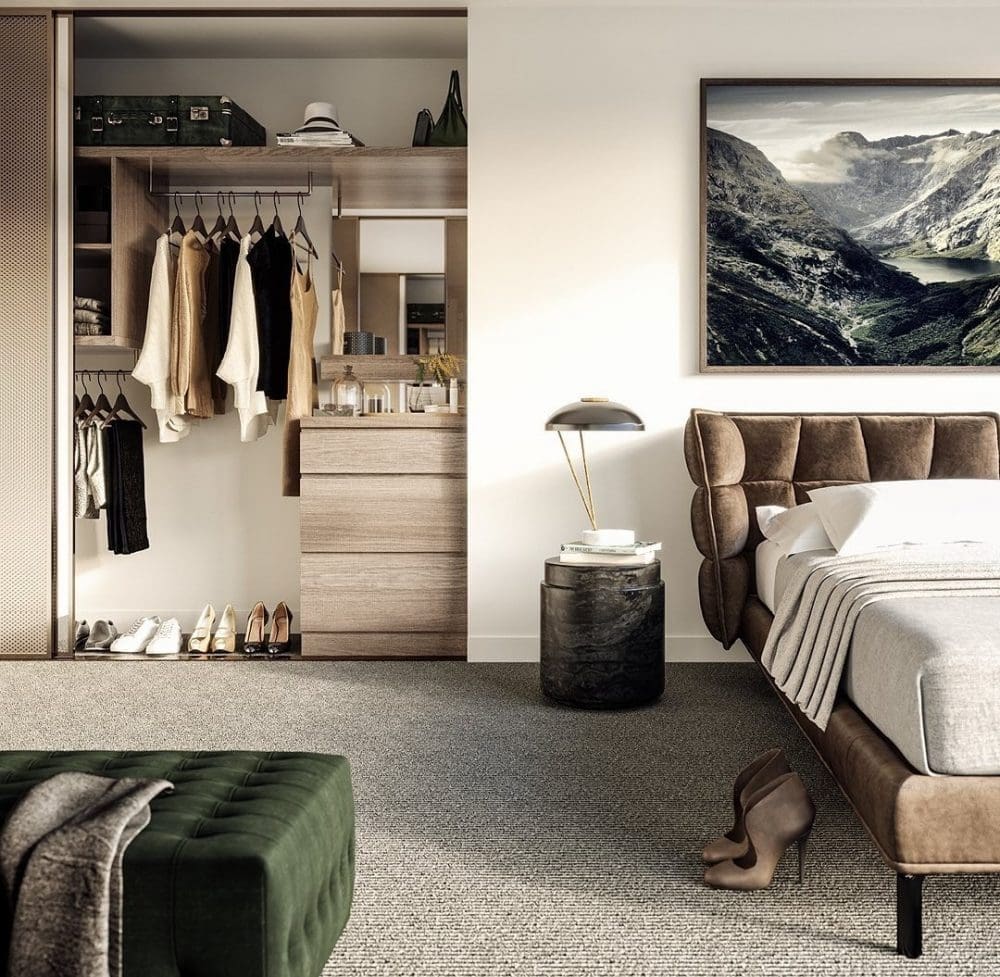 Modern bedroom with metal closet doors