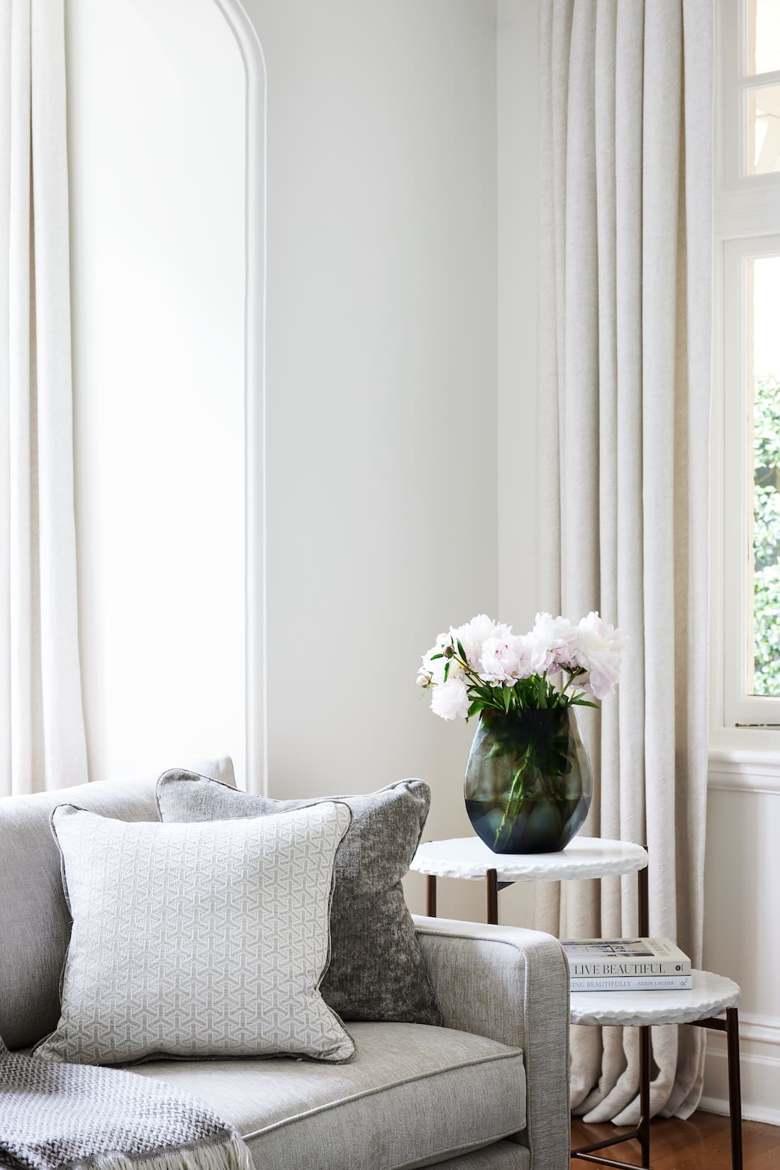 grey sofa and white coffee table