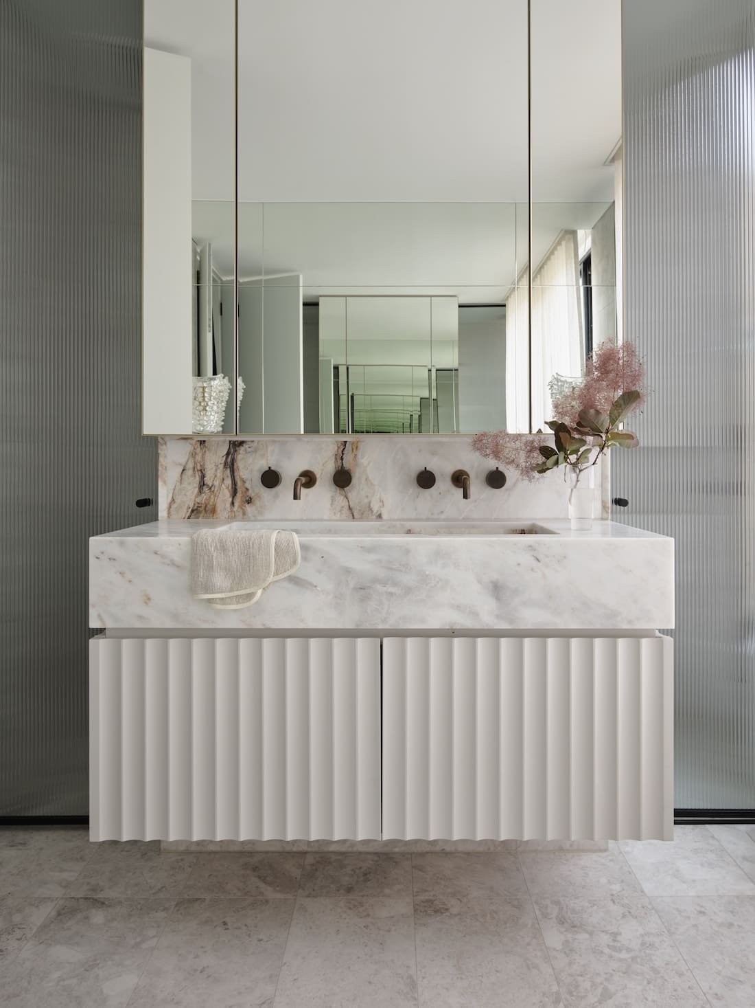 scalloped marble vanity _ blush powder room