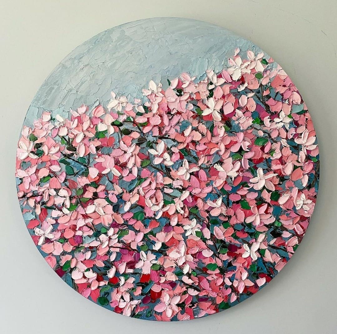 Textural florals on round canvas by Ann Marie Coolick of AM Coolick