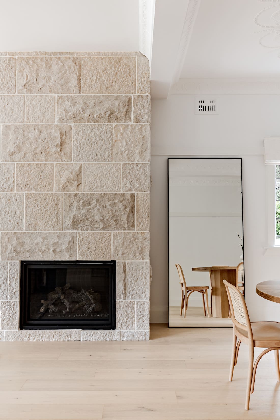 Stone fireplace in living room