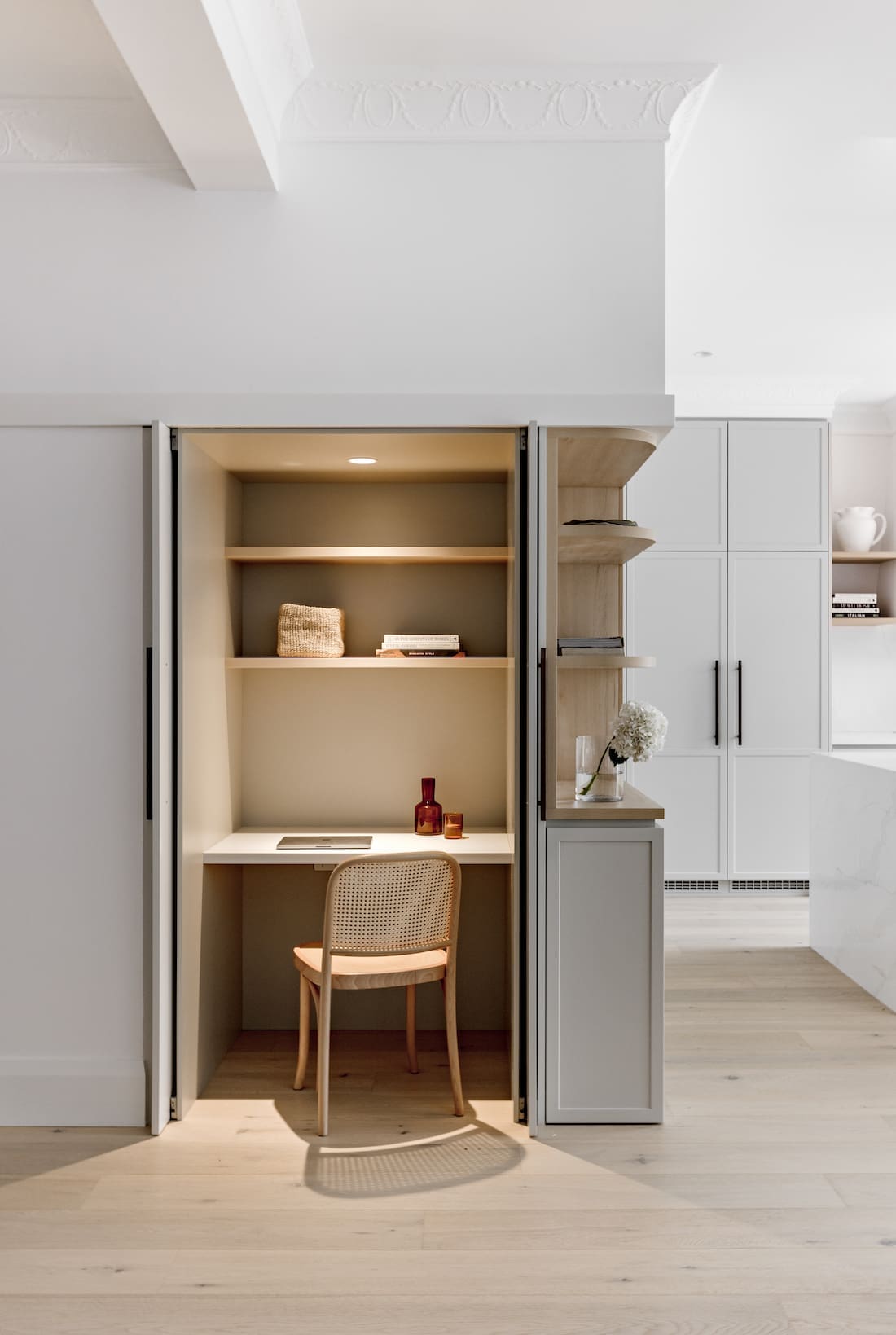 Study nook hidden behind pocket doors