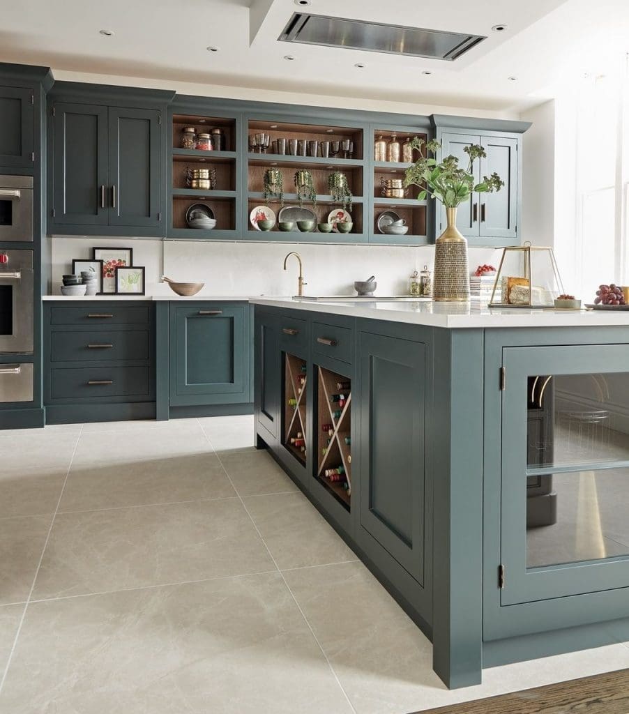 Green kitchen with wine storage in island