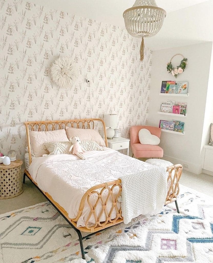 Cane bed in girls bedroom