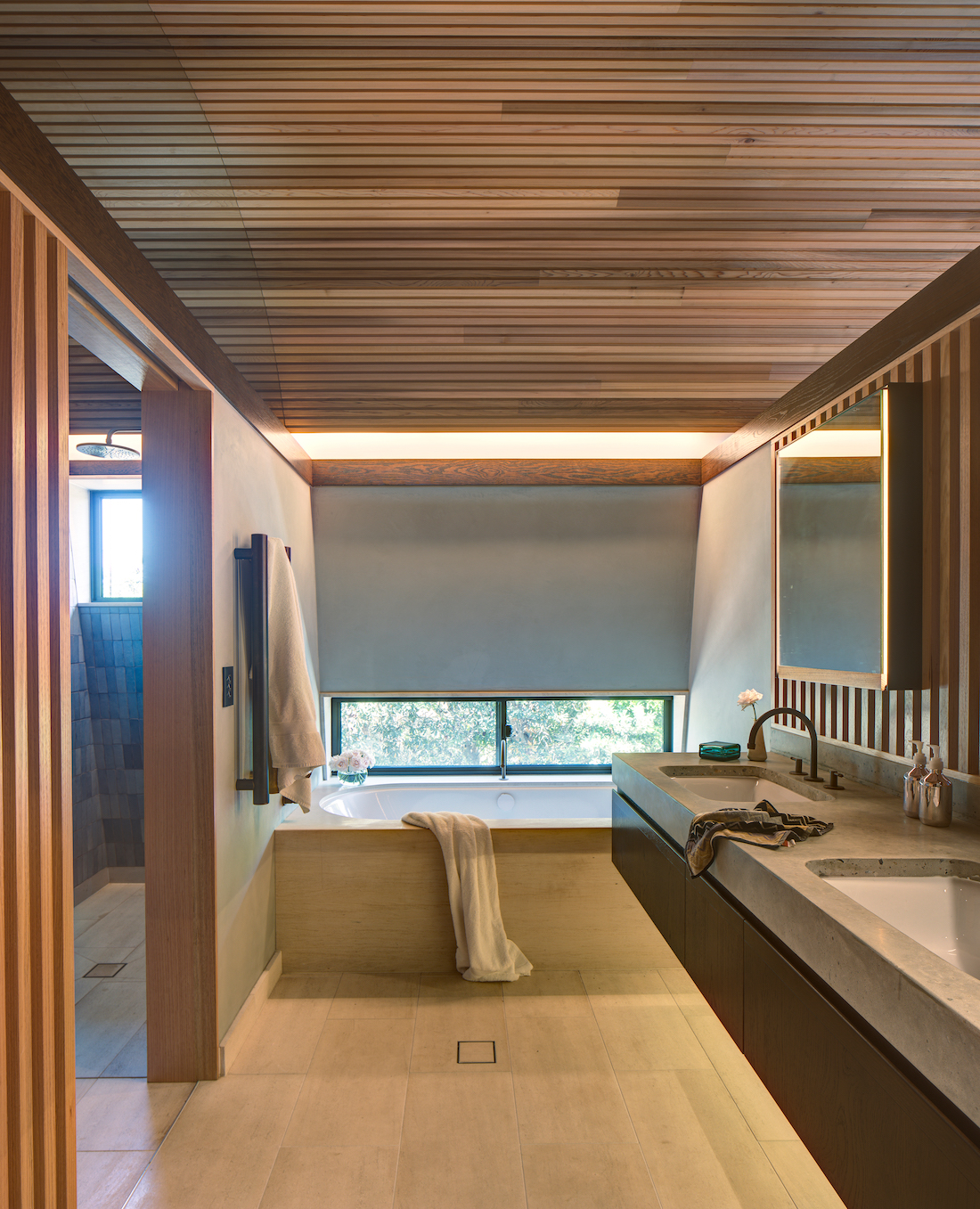 bathroom with timber panels _ award winning coastal home