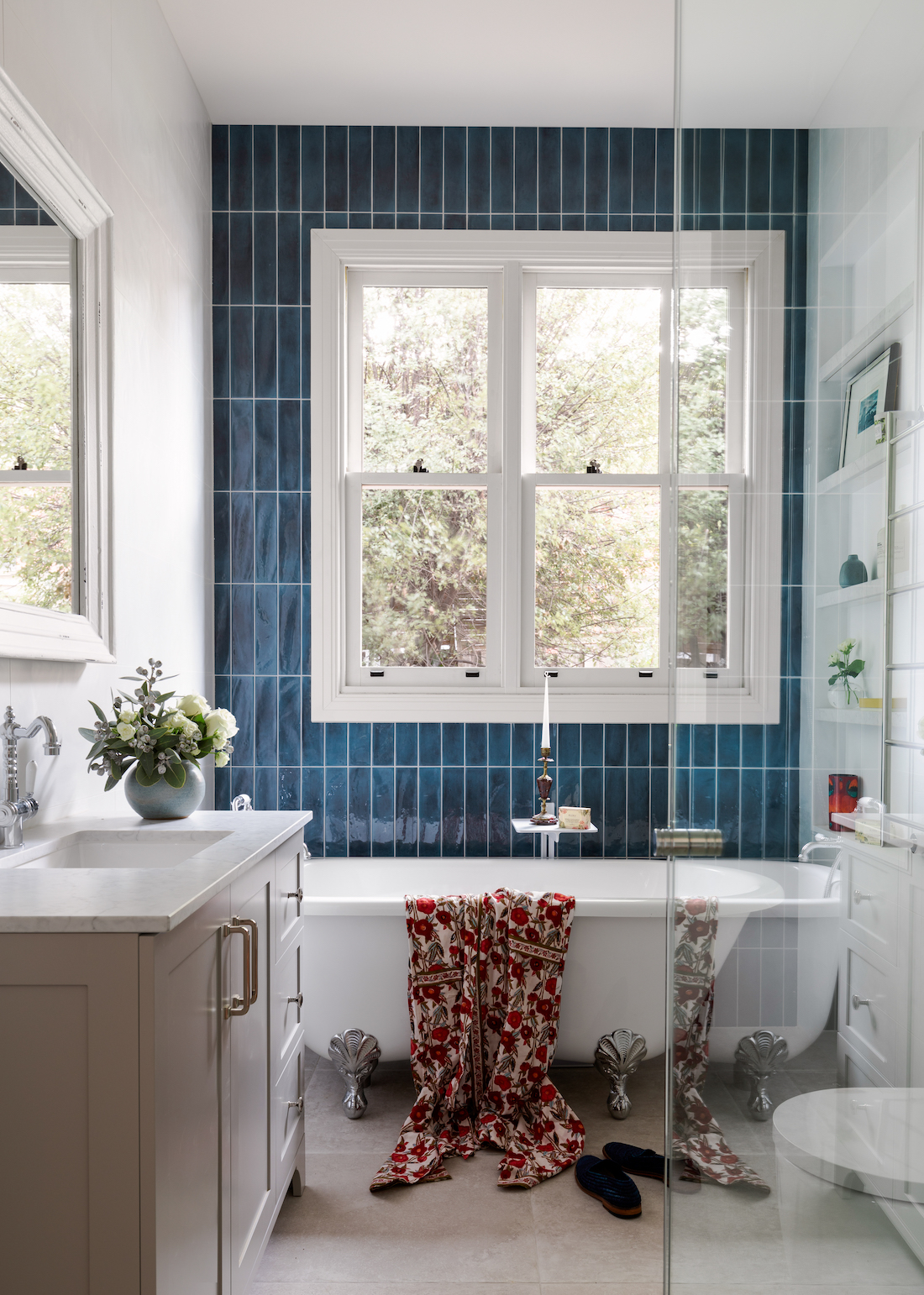 blue subway tile feature wall _ contemporary Californian Bungalow renovation