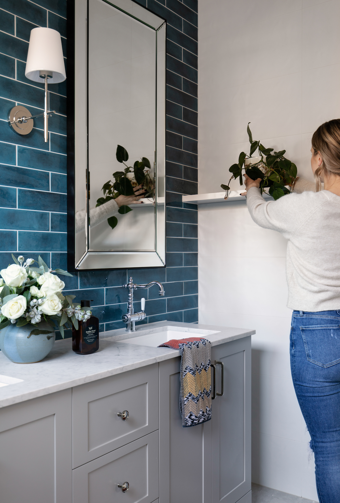 blue subway tile with a grey vanity _ contemporary Californian Bungalow renovation