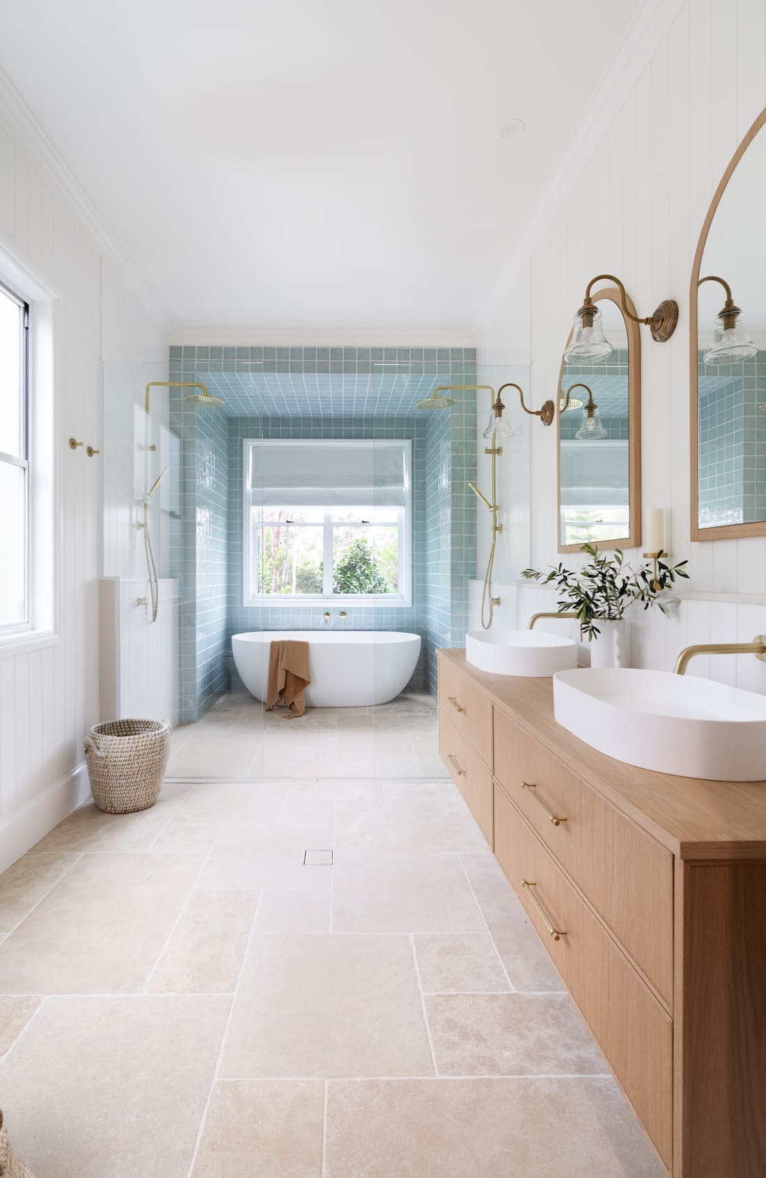 Front Porch Brookfield home - blue tiled wet area in bathroom