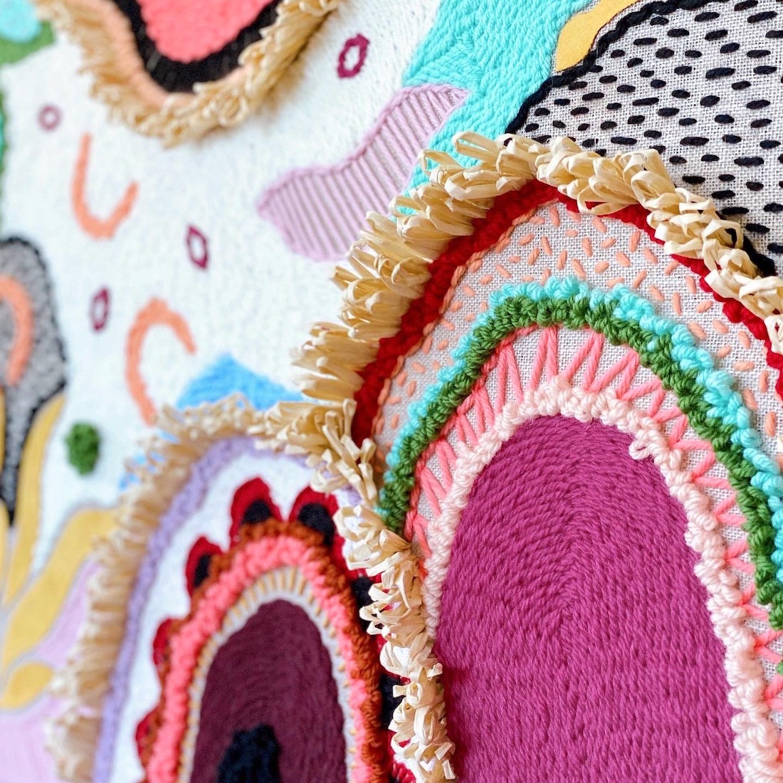 Raffia details in tapestry art by Pi Williams