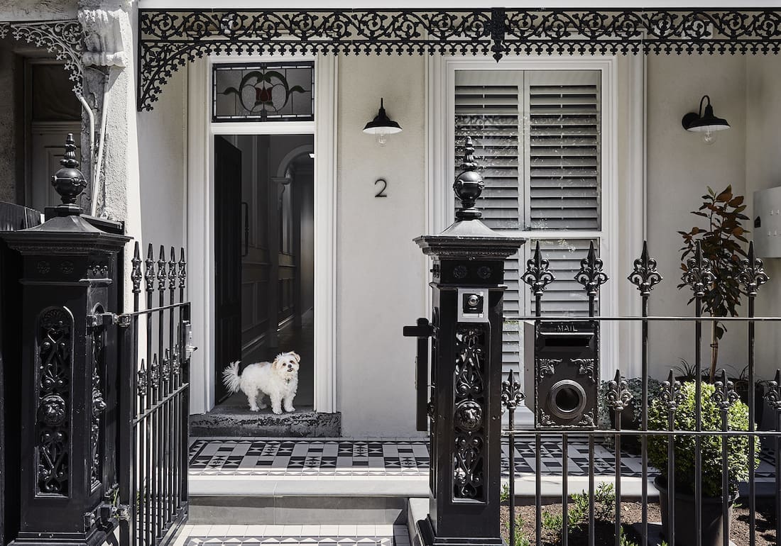 black and white terrace facade