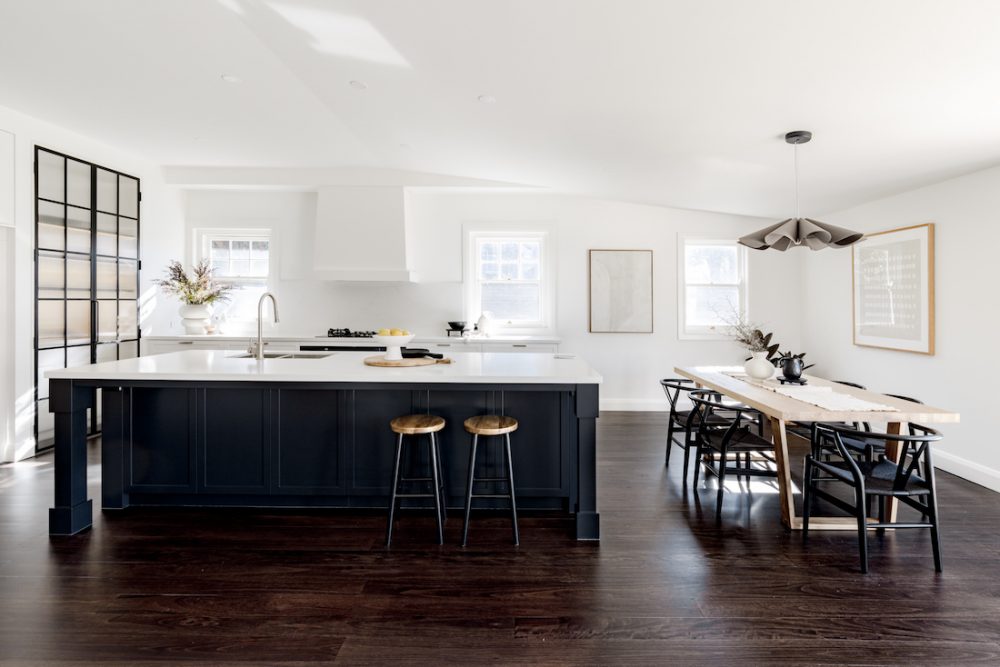 Open plan kitchen and dining with navy island